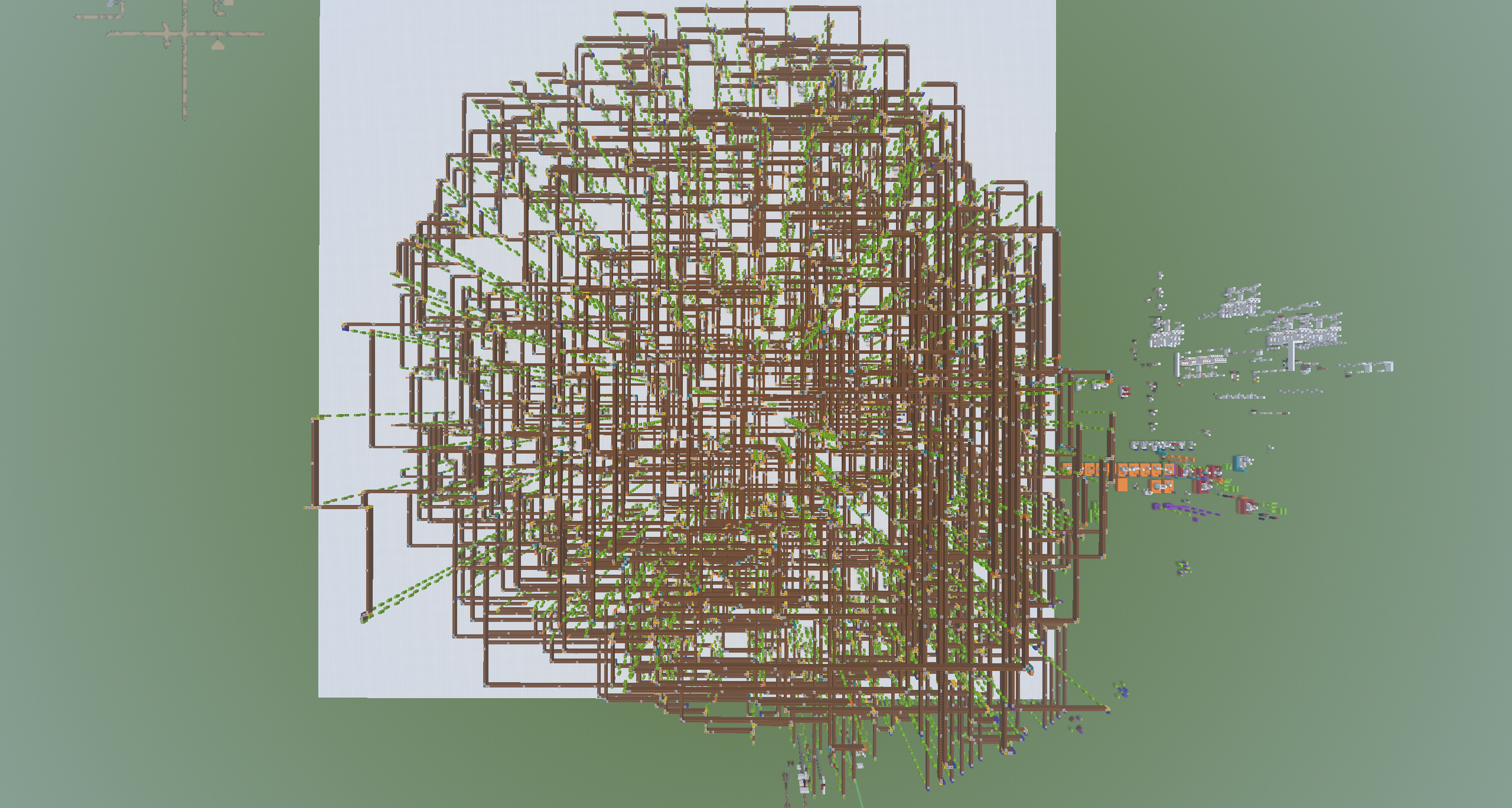 8-bit calculator circuit placed and routed in Minecraft by LogicLoom, overview view
